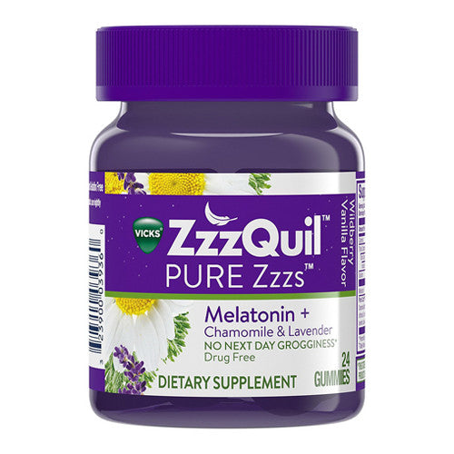Vicks ZzzQuil PURE Zzzs Supplement Gummies Melatonin + Chamomile and Lavender Wildberry Vanilla, 24 Ea